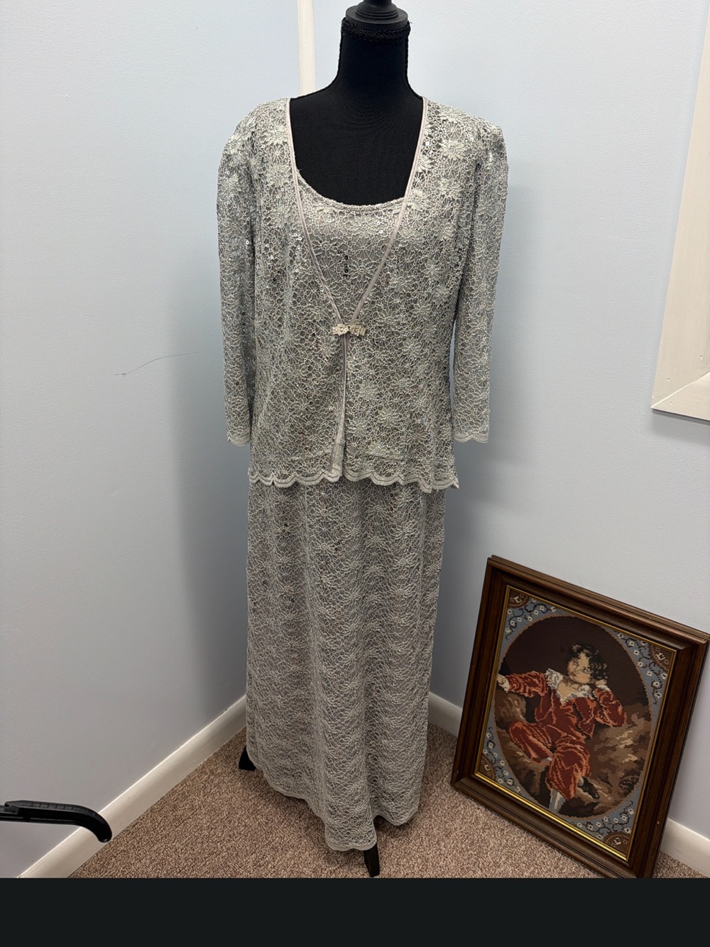 Silver Lace Long-Sleeve Maxi Dress with Matching Jacket